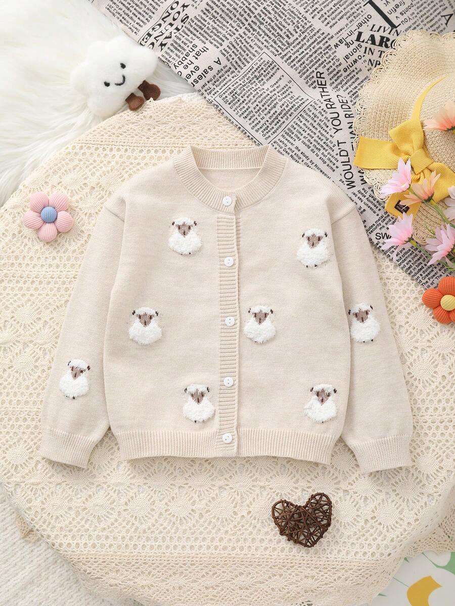 Baby Girl Lamb Pattern Long Sleeve Single-Breasted Casual Knit Cardigan