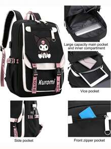 Sanrio Sanrio Kuromi Anime Cartoon Backpack , Nylon Laptop Backpack For Boys And Girls, Multiple Compartments, External Device Ports, Waterproof Design, Adjustable Shoulder Straps, Suitable For School And Daily Use As Well As Travel, Cute Cartoon Printing, Themed Lunch Bag, Backpack Durable Zipper Closure, Back-To-School Supplies