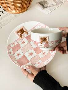Cute Checkered Bear Covered Ceramic Dinnerware Set, Pink Girly Breakfast Bowl & Plate - Multicolor - View 11