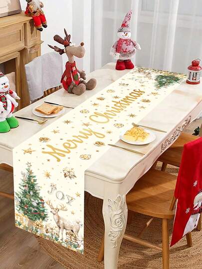 1 件 35 * 180 厘米/13.78 * 70.87 英寸圣诞布艺桌布，圣诞桌旗，装饰桌布，带圣诞树、鹿和祝福文字图案，适合圣诞派对、餐厅、客厅、节日装饰