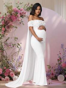 JustVH Maternity Floral Off-Shoulder Dress For Baby Shower, Mesh Cloak Maxi Women Outfit Photoshoot Prop