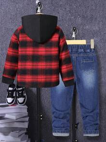 男童黑色连帽格子衬衫搭配酷炫街头风侧袋牛仔裤套装（2件套） - 紅色 - 查看 2