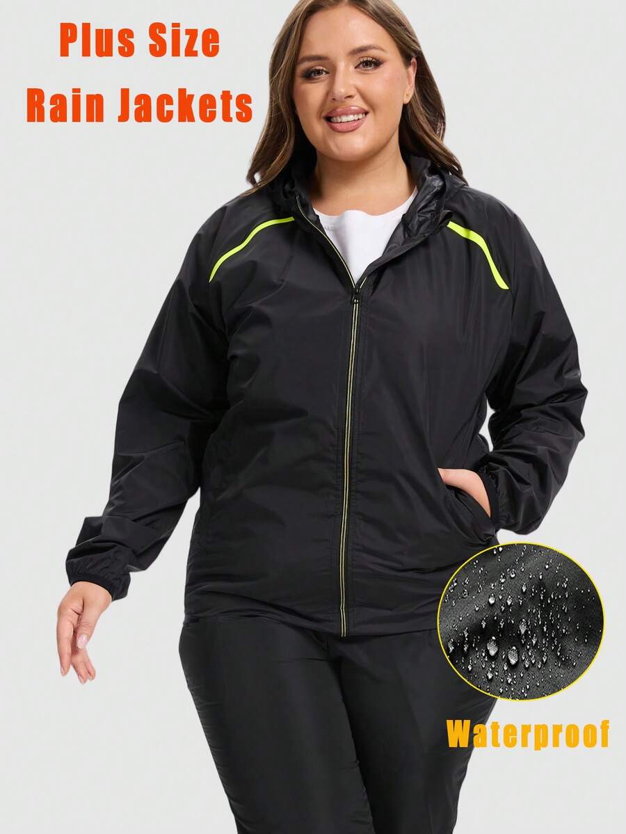 1PC Plus Size Rain Jackets For Women Waterproof Raincoat Hooded Rain Coats Outdoor Windbreaker Trench Coat - Black - View 1