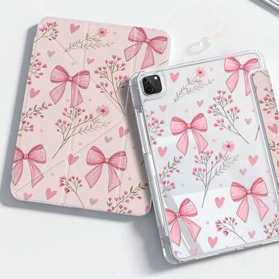 Ốp lưng iPad thế hệ thứ 7, 8 và 10 trong suốt bằng acrylic hình nơ hồng dễ thương cho iPad 10.2 inch. Thiết kế hai mặt trang nhã với họa tiết hoa lá, cỏ và chữ cái. Chống sốc, bền chắc. Có khe cắm bút tích hợp. Hỗ trợ chức năng ngủ/thức và nhiều chế độ giá đỡ gập. Món quà lý tưởng cho năm mới 2026, Giáng sinh, sinh nhật mùa xuân.