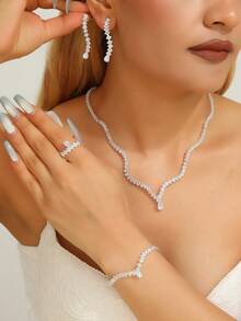 1套白色鑽石新娘珠寶套裝，西式水晶珠寶套裝，適用於派對 - 銀色 - 查看 11