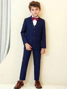 5-Piece Boys Formal Suit Set Slim Fit Blazer Jacket  Vest Waistcoat  Dress Pants  Shirt Bow Tie  Ring Bearer & Wedding Party Outfit  Kids Ages 2-14 Years School Opening Ceremony Season To Wear - 藏青色 - 查看 2