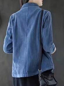 Women's Retro-Style Blue Vertical Stripe Soft Velvet Loose Autumn Suit Jacket With A Single Row Of Buttons, The Fit Is Loose, Please Buy One Size Smaller If You Are Slim, Casual And Versatile