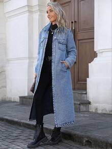 Teen Girl Casual Fashionable Elegant Academic Y2K Style Long Denim Jacket, Suitable For Spring And Autumn - Blue - View 1