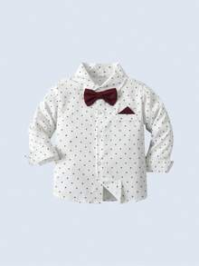 BOARNSEORL 2pcs Young Boys Gentleman Outfit - Long Sleeve Collared Shirt With Bow Tie And Suspender Pants, Suitable For Birthday Party, 1st Birthday, Christmas Party, Wedding, Formal Occasion - 紅色 - 查看 5