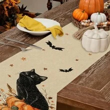 1 Piece Of Halloween Patterned Table Flag, Including Pumpkin And Black Cat, Made Of 72 Inch Knitted Polyester Fiber, Suitable For Holiday Gathering Tables, Home Kitchen Decoration, And Gifts.