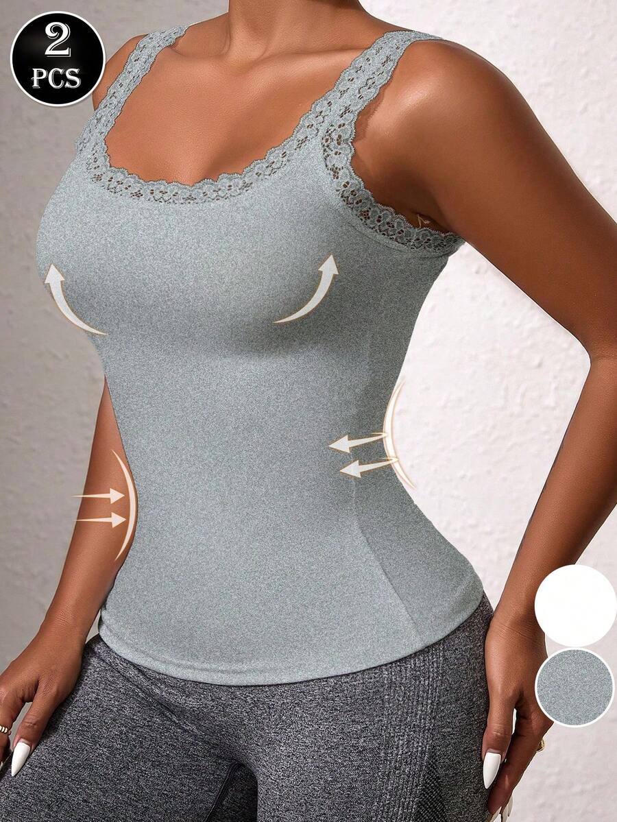 2 piezas Camisolas de mujer con tirantes de encaje y de unicolor cómoda sin almohadilla para el pecho. Camisola de encaje floral, atuendo de primavera y verano, camisola de cuello redondo de unicolor con borde de encaje sin mangas, dividida