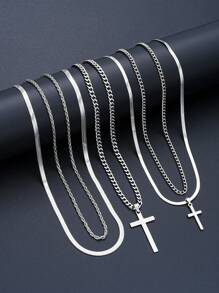 3-55 件男士休闲嘻哈不锈钢十字架多层项链首饰套装，不锈钢手链、戒指、皮革手链、方晶锆石耳环，适合日常佩戴、约会、生日、节日礼物（无盒） - 男士飾品 - 查看 4