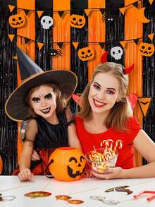 1pc Black & Orange Splice Beaded Curtain, Halloween Backdrop Decor Party Tassel Splice Color Beaded Door Curtain Wall Background