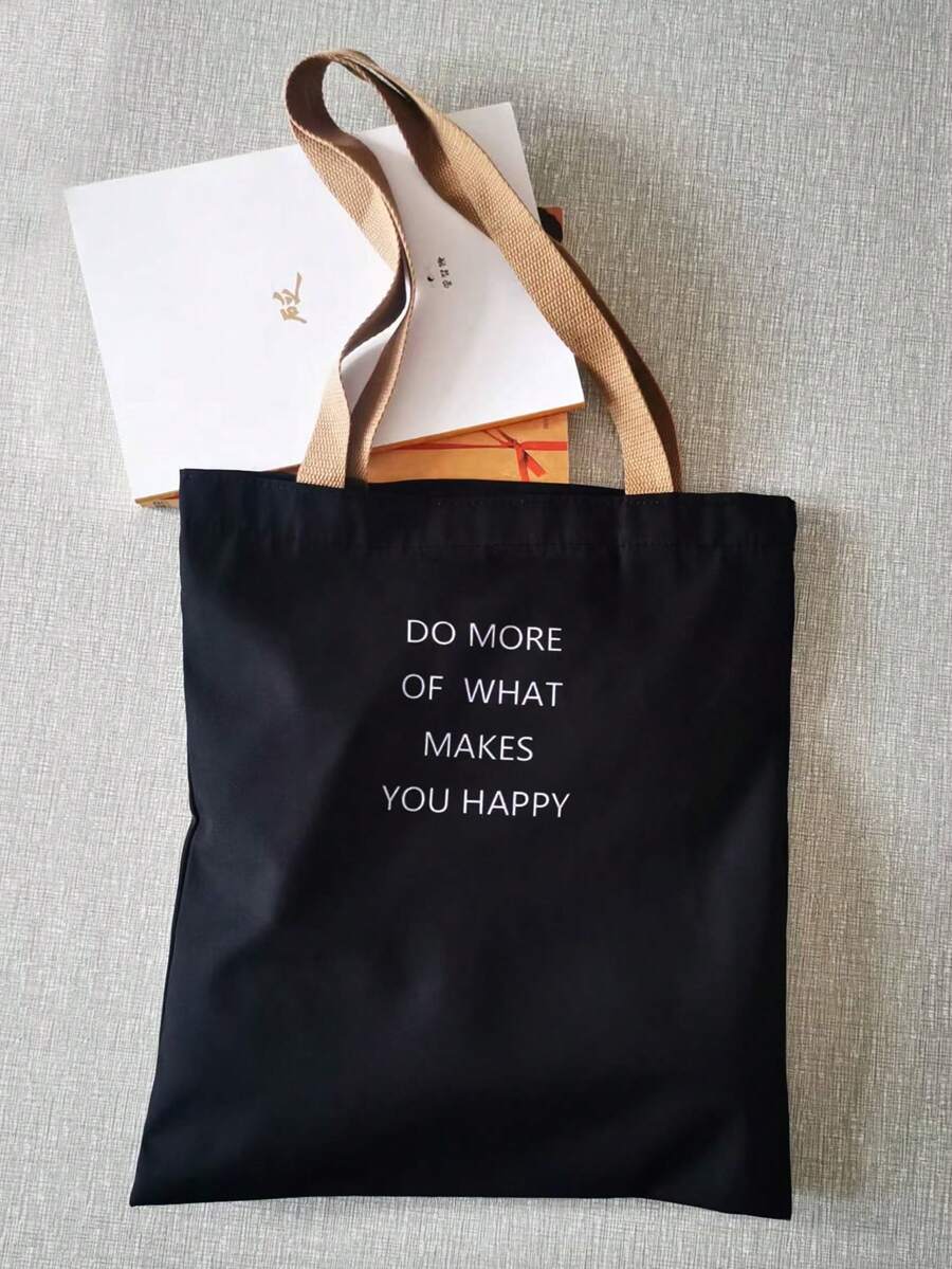 1 件黑色字母印花女士手提包，敞口帆布单肩包，适合学生、大学、高中的简单手提包，可容纳笔记本、文件、旅行