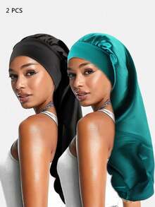 3件装女士多色长发睡眠帽，仿丝弹力头巾，美发护理头饰