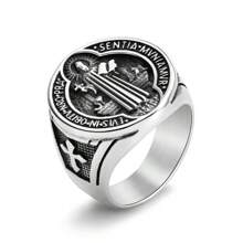 1pc Stainless Steel Saint Benedict Exorcism Cross Pendant, 18K Gold Plated Stainless Steel Ring, Hiphop Jewelry Gift, Daily Wear