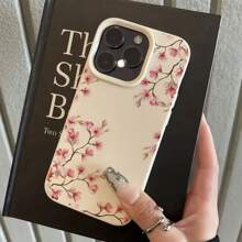 1pc White Leather Texture Minimalist Diagonal Cherry Blossom Pattern Phone Case, Suitable For IPhone 16 Pro Max, 15/14 Plus, 13, 12, 11 Protective Cover Waterproof Shockproof Anti-Fall Scratch Resistant