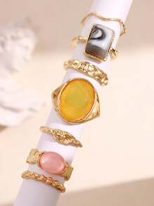 7 件套时尚夸张波西米亚风格奢华百搭优雅精致独特不对称几何树脂镶嵌彩色戒指套装，适合女士日常佩戴、节日和派对