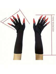 1 Pair Of Fun Halloween Claw Gloves - Detailed Red Long Nail Design, Flexible Forked Finger Gloves For Cosplay, Costume Parties, And Horror Performances - Black Fashion Themed Horror Accessories, Long Nail Ghost Gloves For Performance Props, Claw Gloves Home Decor Halloween Decor Room Decor - Multicolor - View 6
