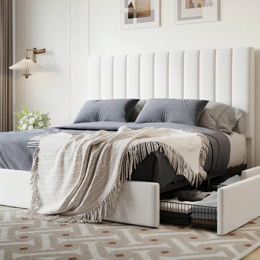 SHA CERLIN Full/Queen/King Size Platform Bed Frame With 4 Storage Drawers, Vertical Channel Tufted Adjustable Headboard, Velvet Upholstered, Wooden Slats Support, No Box Spring Needed, Easy Assembly, White - 白色 - 查看 1