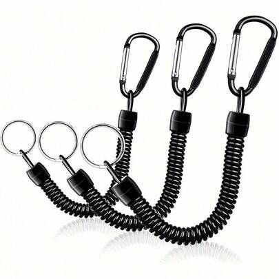 3pcs 15lb Test Strength Elastic Spring Coil Keychain With Black Carabiner And Ring, Stretchable Wrist Band Ropes, 8.46-47.24 Inches Extendable, Built-In Steel Wire