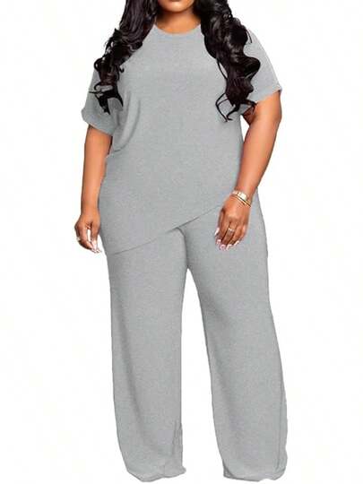 Womens Plus Size Two Piece Outfits Sweatsuits Casual Tracksuit Short Sleeve Loose Baggy Wide Leg Long Pants Sets