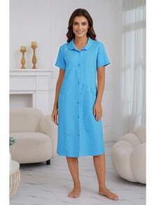 Camisón / Bata de dormir para mujer con botones | Nightdress, house dress y sleepwear cómodo. Camisón, Bata,Vestido para dormir - Azul - Ver 3