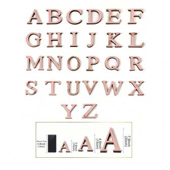 玫瑰金字母墙贴 A-Z - 单个字母高度 10cm/15cm/20cm，亚克力镜面，带 1cm 厚泡沫背衬。双层设计呈现 3D 立体效果；单层设计更显简约。自带背胶，可粘贴于墙面或玻璃上。撕下保护膜即可展现镜面效果。