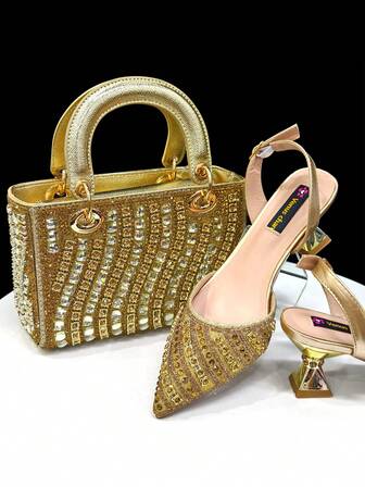 Venus Chan 2025 闪亮意大利蓝色尖头女士高跟鞋时尚水钻装饰紫红色鞋子和包包套装