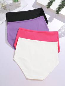 FINETOO 4pcs Pure Cotton Tummy Control Comfortable Ribbed Solid Color High Waist Women's Triangle Panties, Plus Size Women's Underwear, Size S-XXXL - Multicolor - View 4