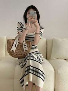 Rayas de manga corta vestido de punto de las mujeres la primavera y el verano Slim estilo casual perezoso falda de longitud media Vestidos largos de mujer - Albaricoque - Ver 5