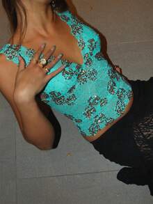 Women's Sequin Sparkle Tank Tops Deep V Neck Lace Floral See Through Summer Sheer Crop Tank Top - màu xanh lá - Xem 2