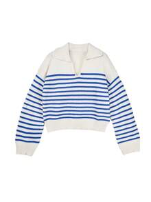 Women's Autumn/Winter Polo Collar Half-Zip Striped Pullover Sweater, Elegant Casual Style, Suitable For College, Street, Back To School Party, Travel, Tea Party, Airport Outfit, Spring/Autumn