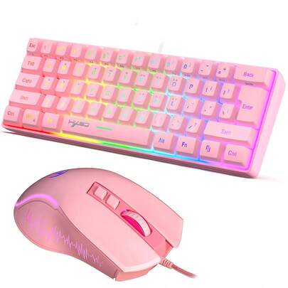 مجموعة لوحة مفاتيح وماوس مسلكية HXSJ، لوحة مفاتيح مسلكية 61 مفتاحًا مع إضاءة خلفية ملونة وماوس بصري مسلكي مناسبة للمنزل والمكتب والألعاب