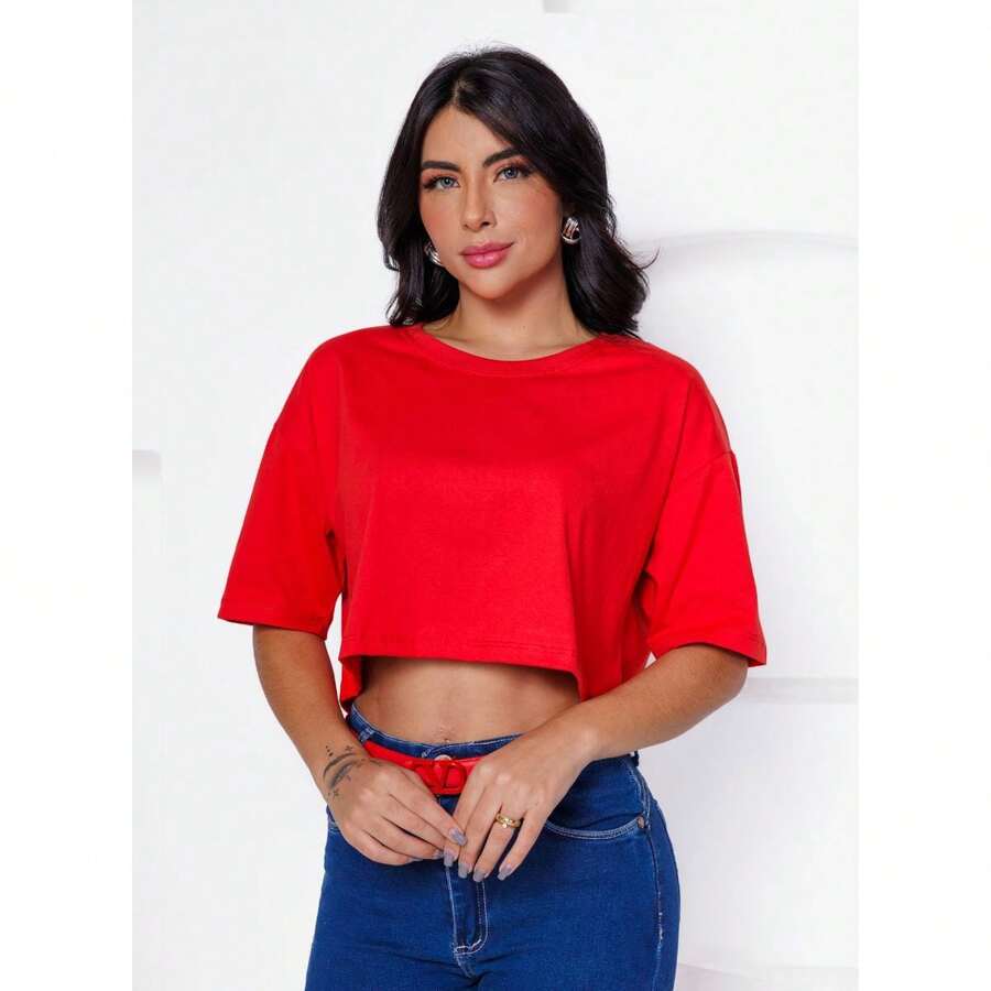 Women's Basic Cropped T-Shirt In Plain Cotton Knit - 紅色 - 查看 1