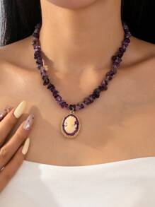 1pc Vintage Relief Goddess Head Pendant Necklace For Women - Multicolor - View 7