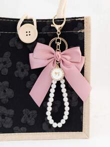 1pc Elegant Pink Bow And Faux Pearl Bead Keychain Wristband - Designed Specifically For Women, Suitable For Keys, Wallets, Phones, And Bag Pendants - Fashionable Women's Accessories Christmas Gift Bag Charms Car Accessories Teacher Friend Sister Gift Ideas - Pink - View 2