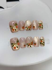 10 pezzi di unghie finte realizzate a mano, con fiori dipinti a mano, cristalli color naturale, occhi di gatto, trasparenti come ghiaccio e bianchi, adatti per uso quotidiano, feste e cene, accessori per unghie - Multicolore - Visualizzare 13