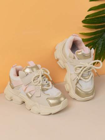 1 Pair Girls' Ultra-Light Dad Sneakers, Kids' Breathable Casual Running Shoes, Toddlers' Soft Bottom Walking Shoes, School Shoes