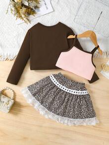 IDOLCAT 3 件套年轻女孩时尚休闲柔软长袖开衫和花朵印花背心和豹纹蕾丝下摆半身裙，适合派对、特殊场合、日常穿着、户外、上学日和假期礼物，适合 4-7 岁女孩 4-7 岁秋季 - 棕色 - 查看 3