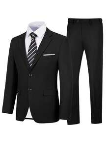 Men's 2 Piece Mode Regular Fit Men's Solid Color Long Sleeve Blazer & Suit Pants Suit Formal Wedding Suit For Men With Lapel Jacket Tailored Pants - 黑色 - 查看 3