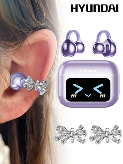 HYUNDAI 现代 M100 时尚蓝牙耳机带蝴蝶结耳机配件，夹式耳机带多功能彩色屏幕，智能触控，电池寿命长，HIFI 高品质声音，高清通话，降噪，音乐和游戏，无穿孔耳环，时尚配饰，送给女士的礼物耳夹