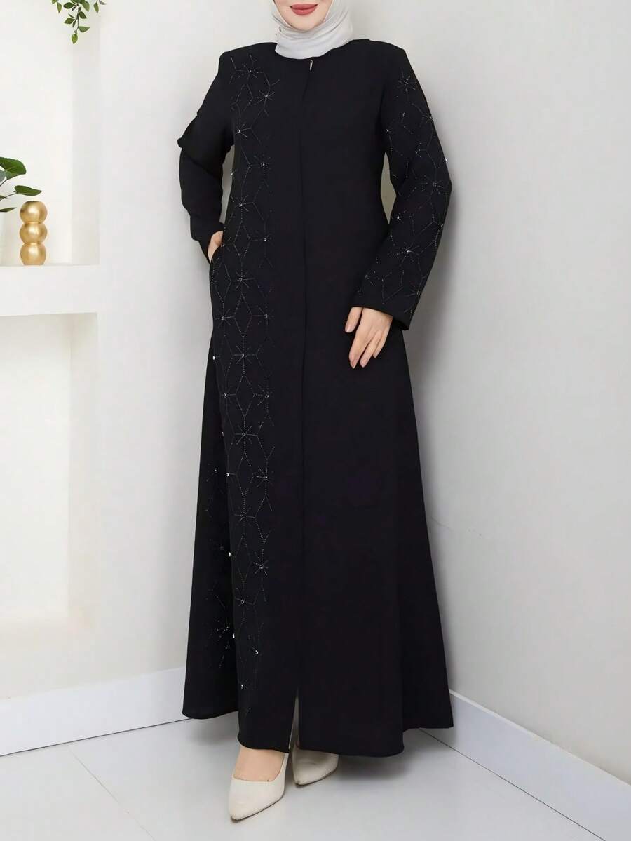 Elegante Vestido Longo de Robe Feminino em Cor Sólida, Estilo Turco, Acolchoado Diamante com Aplicação de Strass, Manga Longa com Zíper Até o Tornozelo