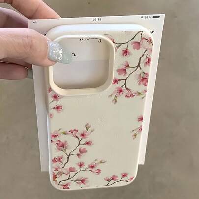 Vitt minimalistiskt lädertextur, rosa blommönster, 1 st. telefonskal, kompatibelt med 16 Pro Max, 15/14 Plus, 13, 12, 11. Skyddande fodral, Vattentätt, Stötsäker, Fallskyddande, Reptålig, Vårgåva, Mars, Födelsedagsfest, Jubileum, Internationell version, Inte den inhemska versionen.