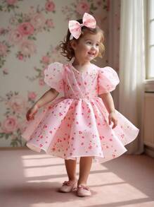 Baby Girls V-Neck Floral Organza Princess Dress, Suitable For 1st Birthday Party, Random Floral Fabric Cut