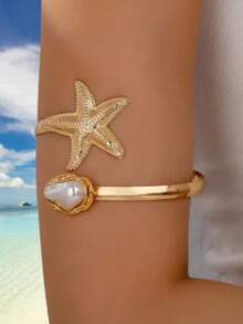 Minimalist Versatile Women's Arm Jewelry, Streetwear Style, Open Cuff Bracelet, Shell Tassel Pendant Decor, Suitable For Beach, Wedding, Arm Chain (Random Style) - Gold 5 - View 15
