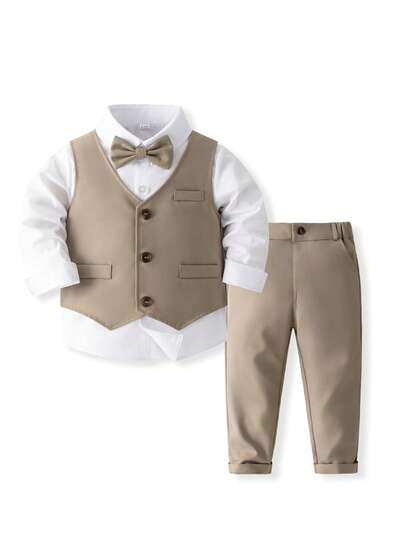 KIMOCAT 3pcs Boys' Formal Suit Set, Solid Color Long Sleeve Shirt, Vest, And Pants, Gentleman Attire For Occasions