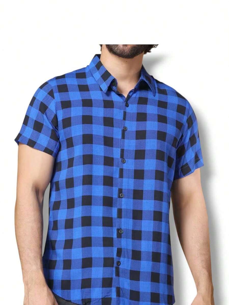 New Men's Short Sleeve Social Plaid Shirt - Blue - View 1
