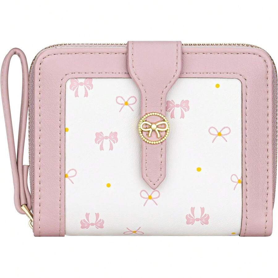 BIAOTIE Cartera para Mujeres Linda Cartera de Flores Florales Portatarjetas RFID Monedero Pequeño Bifold con Cremallera y Bolsillo para Monedas con Ventanas de Identificación (Lazo Rosa) - Azul marino - Ver 1