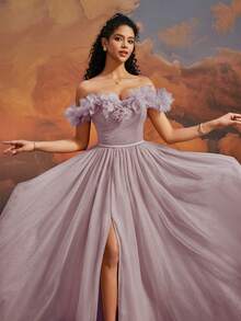 VIPGIRL Đầm dạ hội màu tím oải hương trễ vai, chất liệu voan mỏng, họa tiết hoa 3D, cổ tim, dáng chữ A, xẻ cao, phù hợp cho thanh thiếu niên, phụ nữ, phù dâu, các cuộc thi sắc đẹp, dạ tiệc, khách dự đám cưới. - Bụi hồng - Xem 2